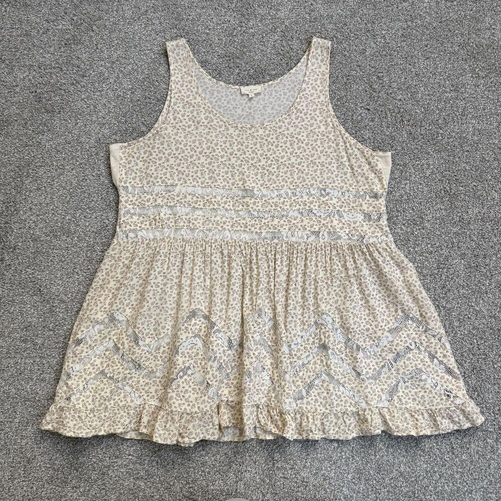 Tea & Cup Tank Top Womens Large White Floral Lace Ruffle Tunic Boho Countryside